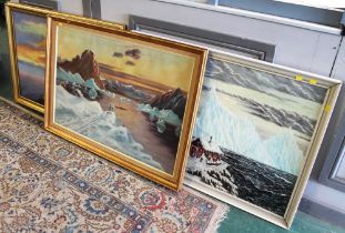 Three large oil paintings on canvas, scenes of Greenland,