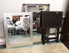 Two wall mirrors and folding leather topped occasional table