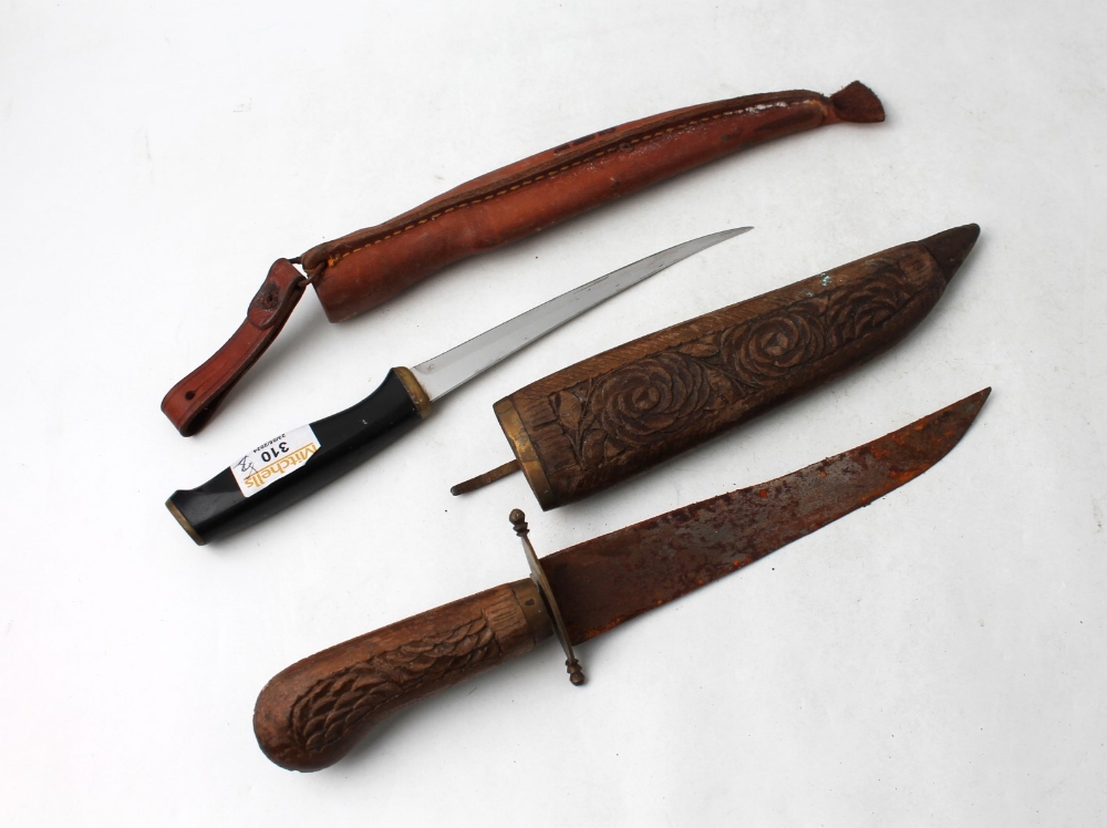 Fiskars of Finland by Normark fillet knife in leather sheath and ornamental wooden and brass carved - Image 4 of 4