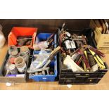 Four boxes of hand tools, garden shears, foot pumps,