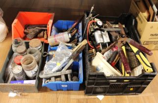 Four boxes of hand tools, garden shears, foot pumps,