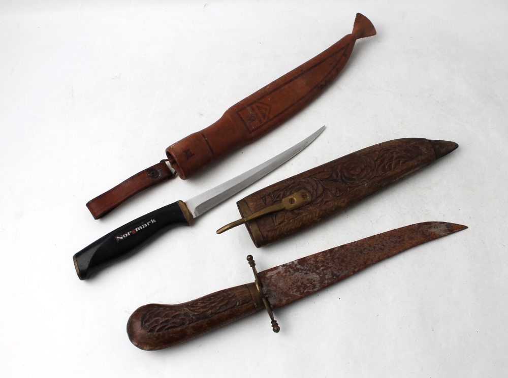 Fiskars of Finland by Normark fillet knife in leather sheath and ornamental wooden and brass carved - Image 3 of 4