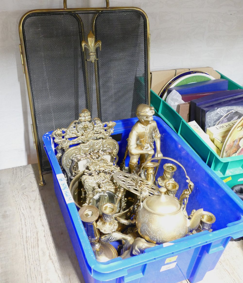 Box of brassware, picture frames, mining figure, candlesticks,