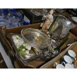 Box of plate trays, candlesticks,