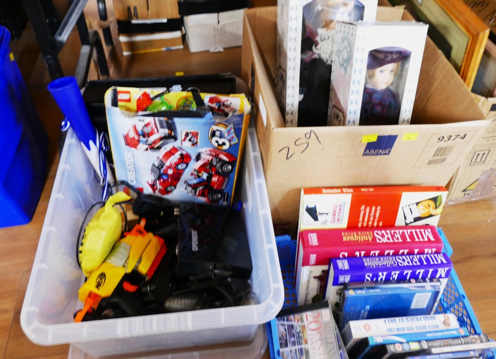 Three boxes of Nerf guns, wall mounted TV brackets, Lego Creator set, Miller Antiques Guides,