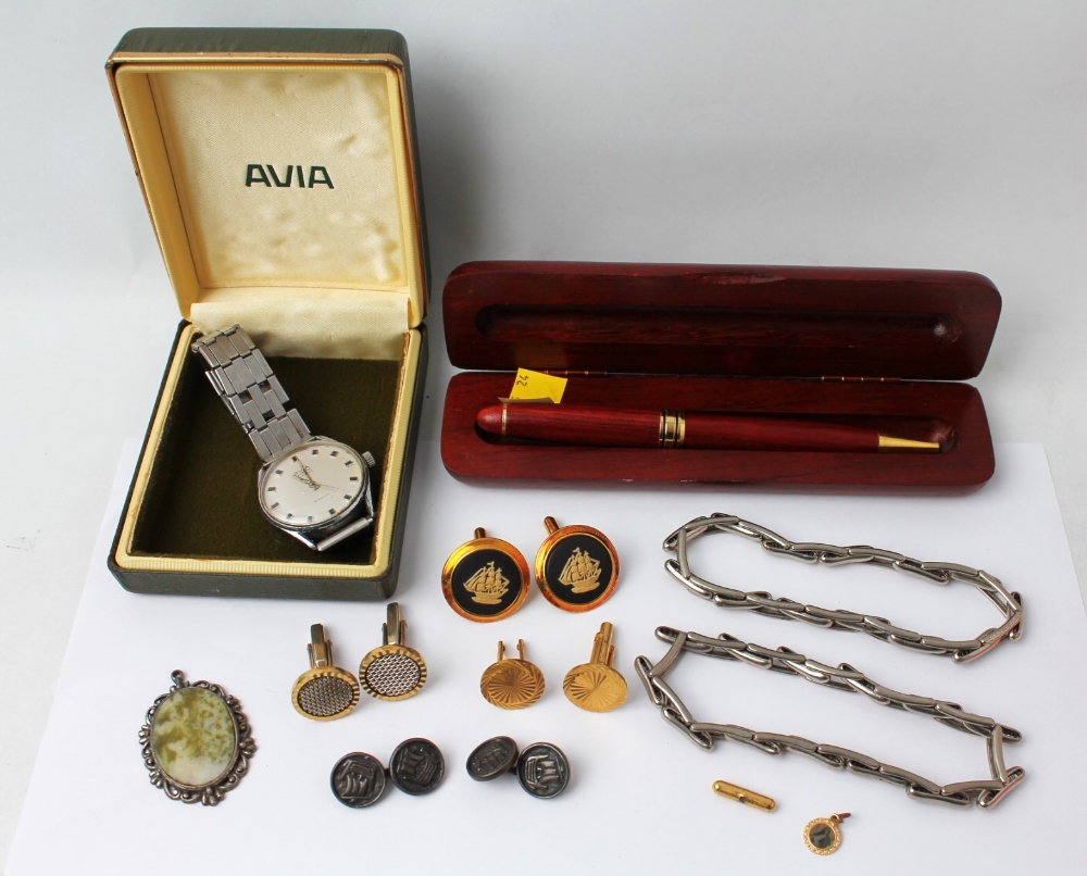 Wooden ball point pen, Avia Olympic gentleman's watch, elasticated metal bracelets,