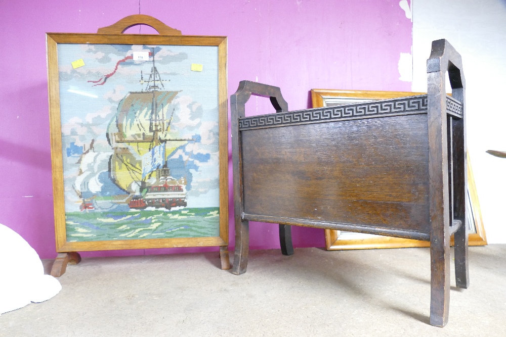 Embroidered galleon firescreen and wooden magazine rack