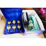 Boxed set of brass egg cups and box of plated ware including egg cups, napkin rings,