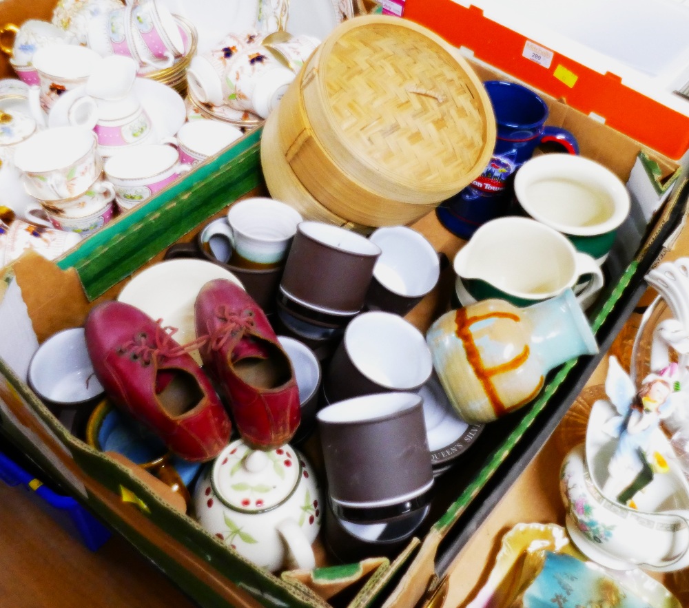 Box of child's clogs, Alton Towers decorative jug,