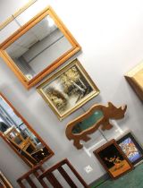 Rectangular wooden rhino form framed mirror and three pictures