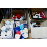 Five boxes of mugs, ornaments, ceramics,
