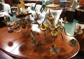 Two brass ceiling hung light fittings,