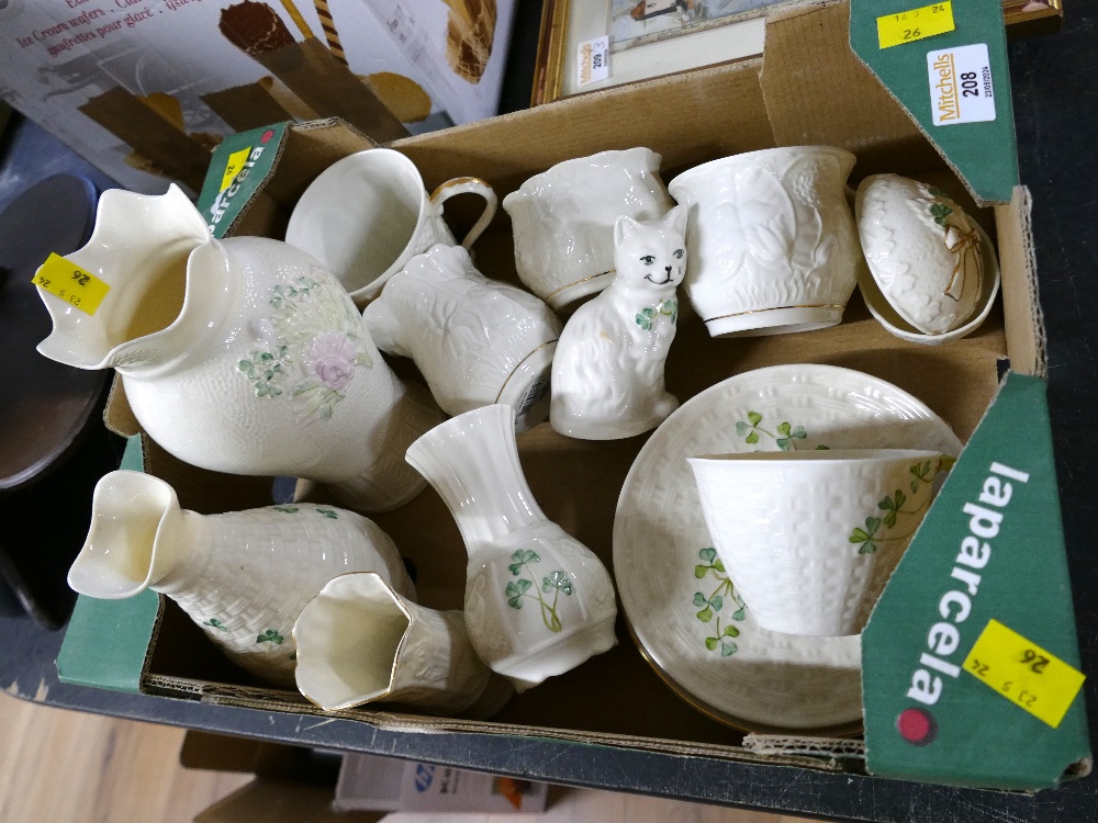 Box of Belleek, vases, ornaments, cups,