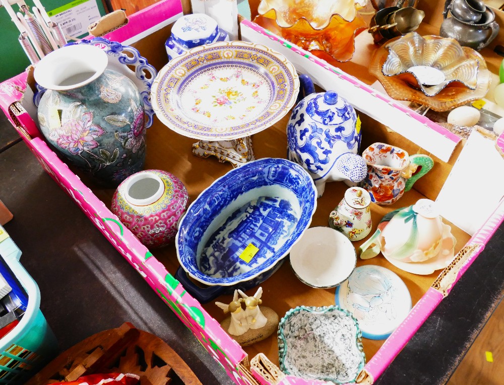 Box of ceramic jugs, lidded jars, tazza, blue and white dish,