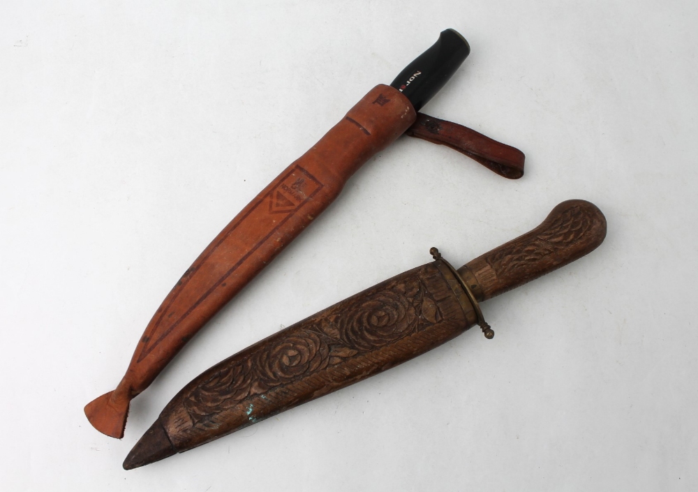 Fiskars of Finland by Normark fillet knife in leather sheath and ornamental wooden and brass carved - Image 2 of 4