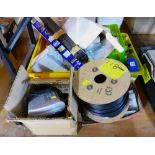 Packets of hinges, light sockets, cable clips, cabling, projector equipment etc.