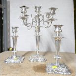 Five branch plate candelabra, 41 cm high, and pair of single candlesticks,