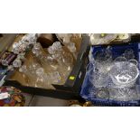 Two boxes of decanters, glass candlesticks, jugs,