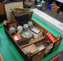 Box of vintage boxes and tins, storage jars, canvas bag,