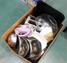 Box of kitchenware, toaster, metal dishes,