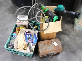 Three boxes of tools, locks, weed sprayer,