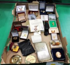 Box of costume jewellery including cufflinks, brooches, ladies wristwatches,