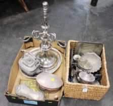 Box and basket of plated ware including scallop shaped dishes, galleried tray, part candelabra,