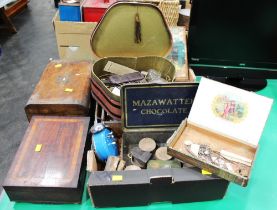 Box of vintage clock and watch parts, spectacle parts, tins,