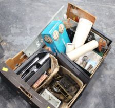 Box containing clock parts, Old Hall stainless steel, Dunlop tennis balls, school photographs,