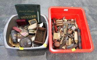 Two boxes of vintage clock and watch parts, empty jewellery boxes,