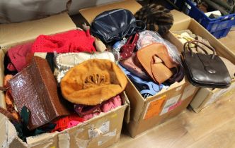 Three boxes of clothes, handbags, hats, woollen wear,