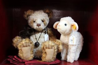 Charlie Bear with bag and Steiff Lamb