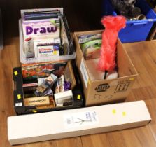 Three boxes of crosswords, craft books, easel, dominoes, card games,