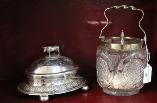 Plated lidded butter or cheese dish with glass insert and glass biscuit barrel