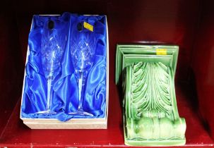 Pair of Royal Doulton Crystal boxed champagne flutes and green ceramic plinth wall pocket