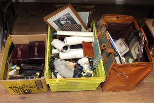 Two boxes and bag of mirrors, pictures, cutlery,