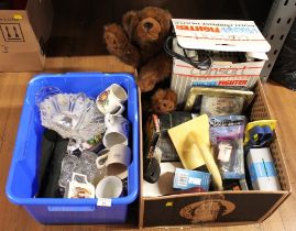 Two boxes of picnic blankets, Fuji film camera, glassware, mugs,