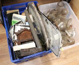 Two boxes of vintage glass chemist bottles, mirrors, wooden boxes, books,