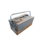 Blue cantilever carry tool box containing selection of tools etc.