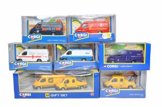 A group of seven Corgi Diecast Model Ford Transit Vans in various commercial branded liveries.