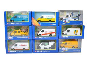 A group of Nine Corgi Diecast Model Ford Transit Vans in various commercial branded liveries. Some