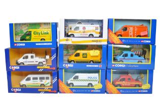 A group of Nine Corgi Diecast Model Ford Transit Vans in various commercial branded liveries. Some