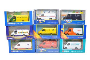 A group of Nine Corgi Diecast Model Ford Transit Vans in various commercial branded liveries. Some