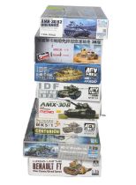 A group of 8 Plastic Battle Tank Model Kits from various makers - AR.V, Tiger, Takom Thunder plus