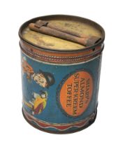 A vintage Sharp's Almond Super-Kreem Toffee 'Drum' tin with original drumsticks still included.
