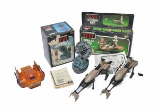 Star Wars comprising ROTJ Speeder Bike duo (one box) plus Radar Laser Cannon, with boxes as shown.