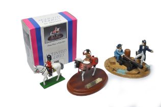Metal painted military figures from Britains plus one larger scale mini-diorama scene. As shown.