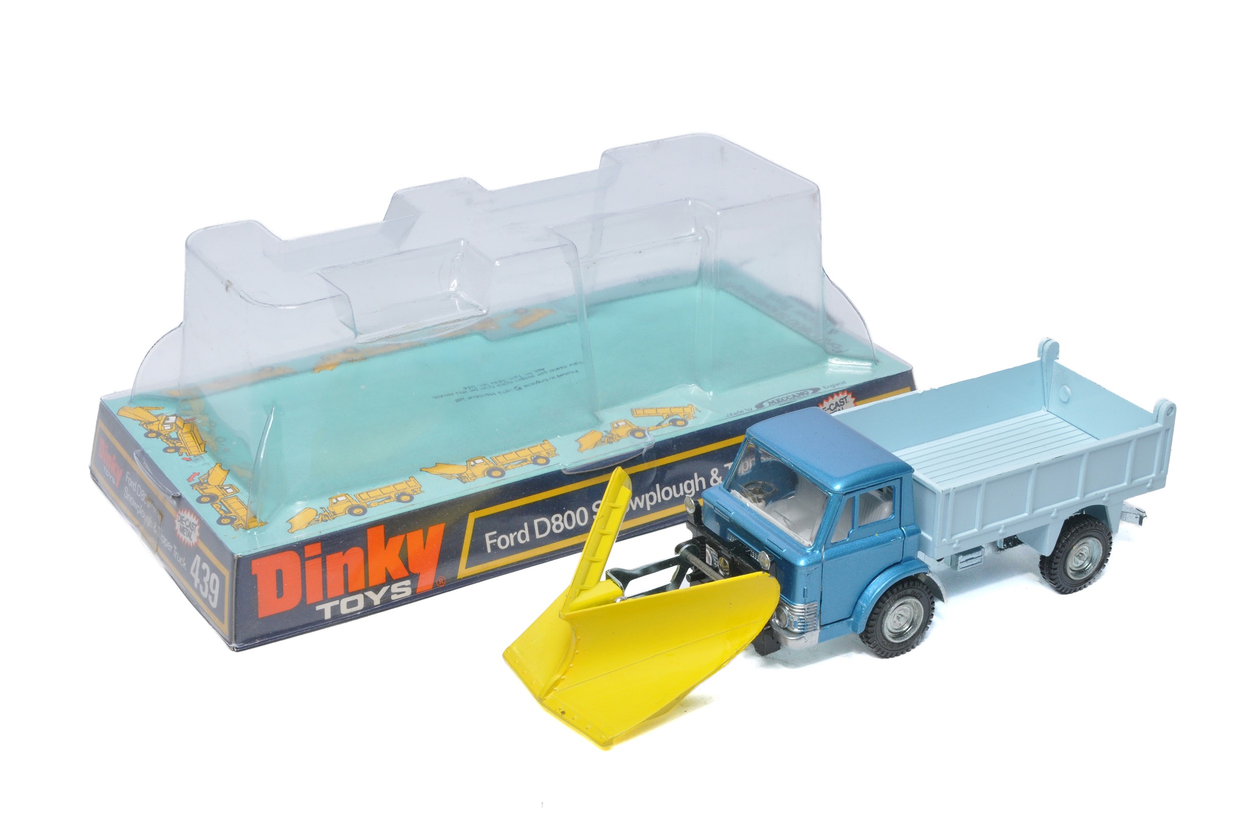 Dinky No. 439 Ford D800 Snowplough and Tipper Truck. Metallic blue cab with pale blue back.