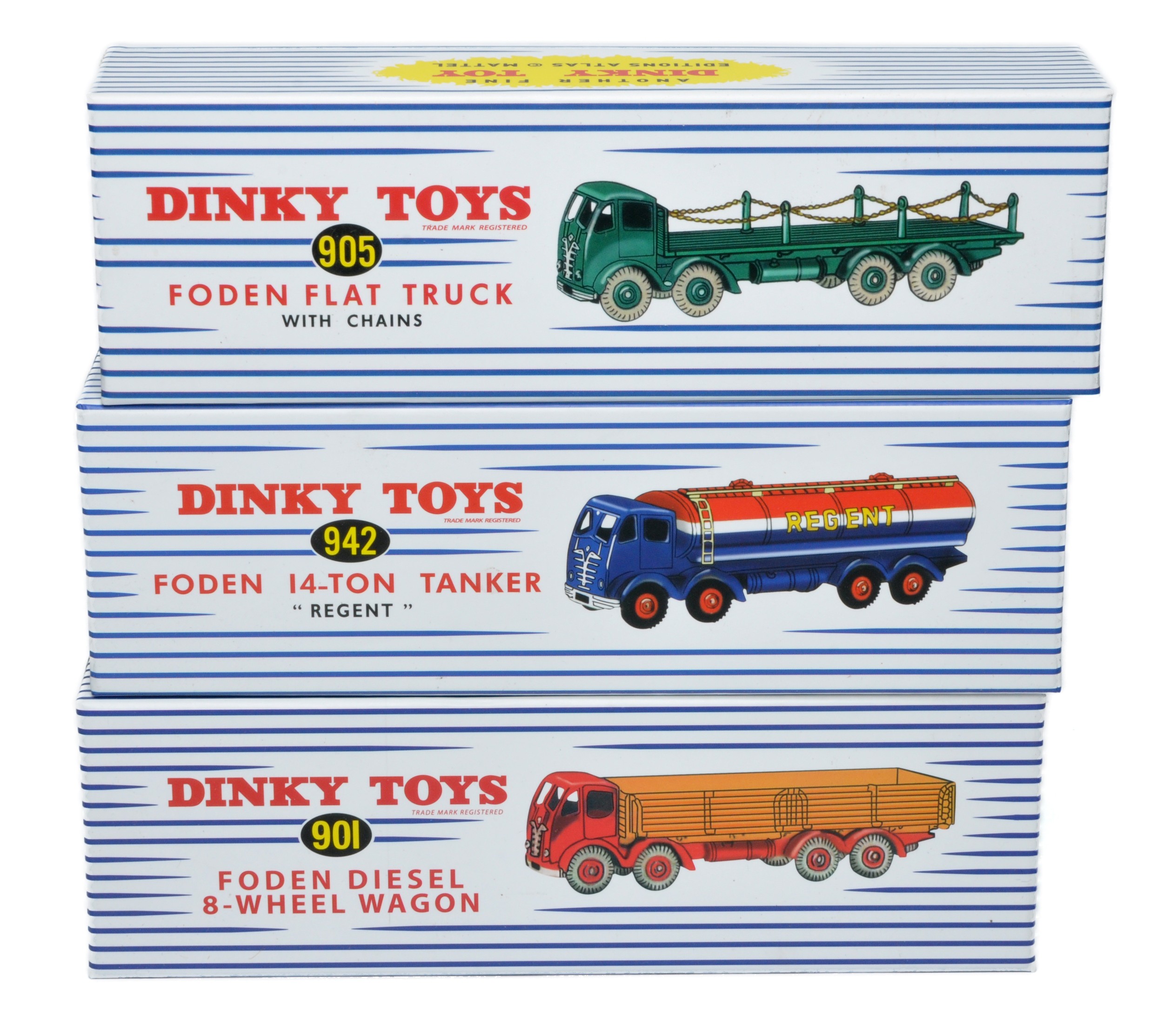 A group of three Atlas Dinky diecast model commercial issues as shown. Foden. All look to be