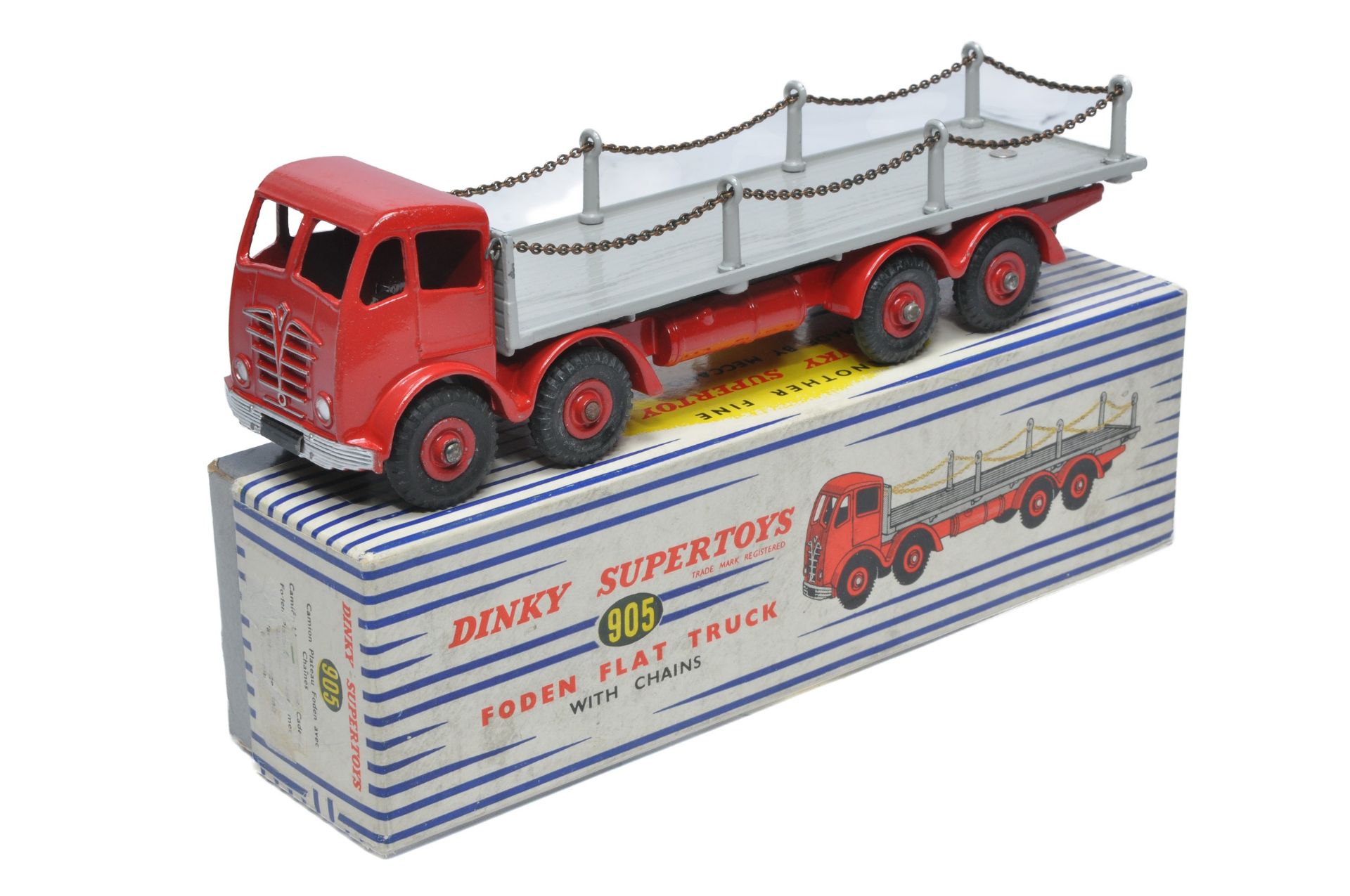 Dinky No. 905 Foden Type 2 Flat Truck with Chains. Red / Silver with red hubs. Displays generally